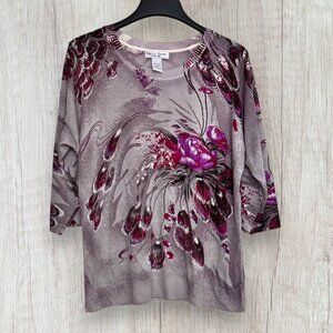 REBECCA MALONE Plus Pink Purple Floral Rhinestone Lightweight Tunic Sweater 1X